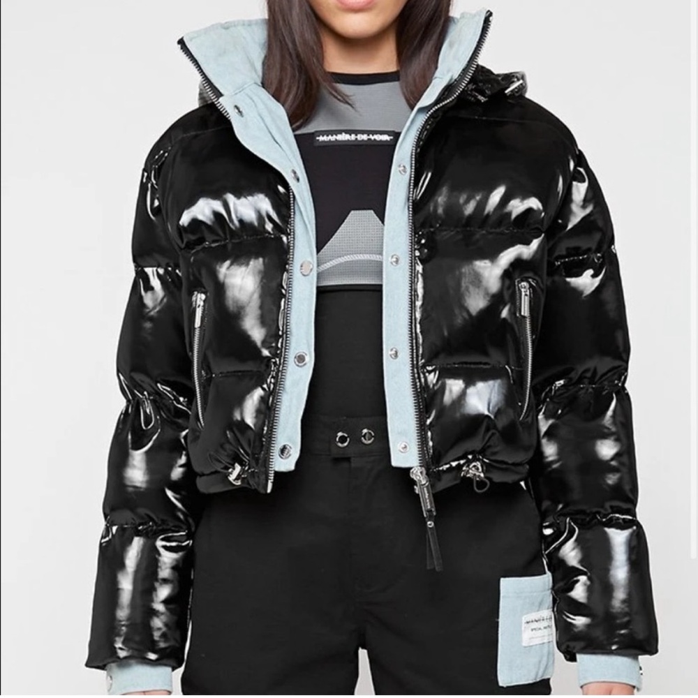 Maniere De Voir Black high shine and denim puffer jacket